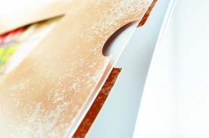 Close up of die cut pocket from exhibition catalogue. 
